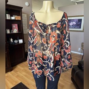 Charter Club sheer paisley print 3/4 sleeves Vneck blouse-size XL